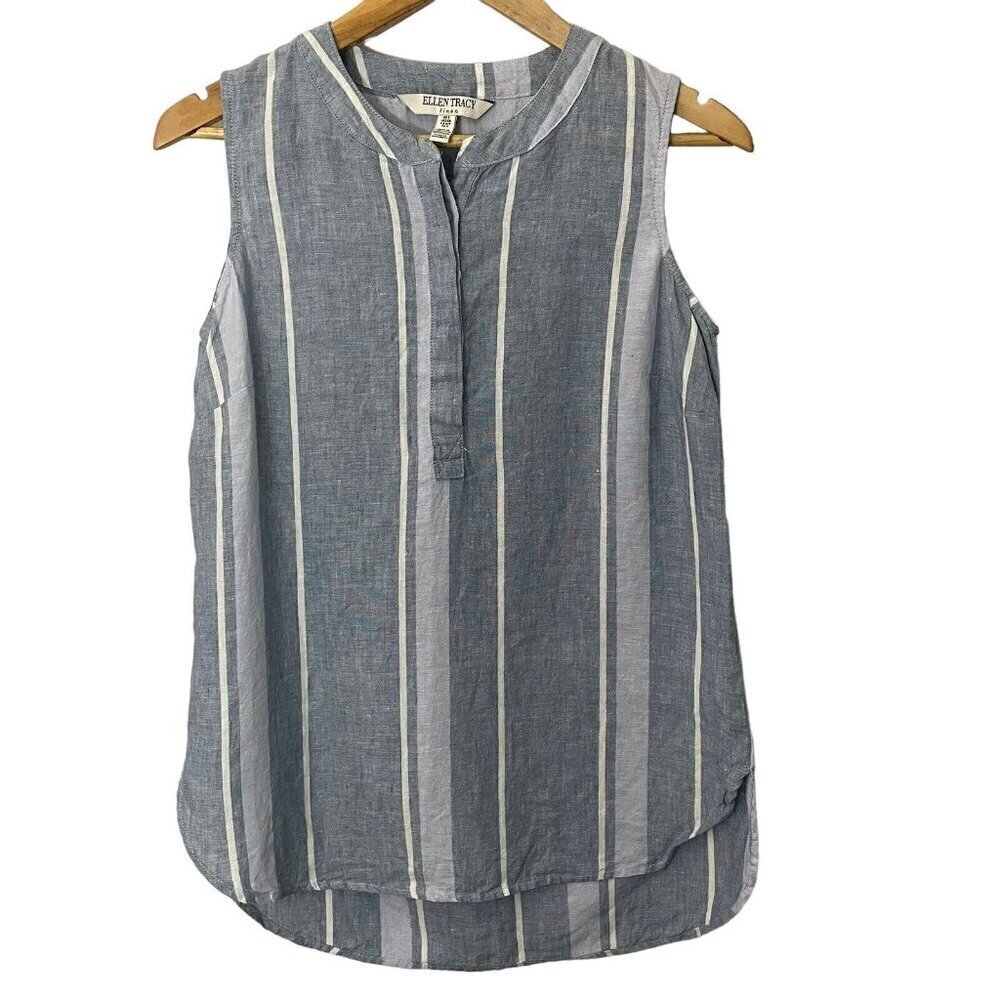 Ellen Tracy 100% Linen Sleeveless Top Womens S Blue White Stripe Button Up